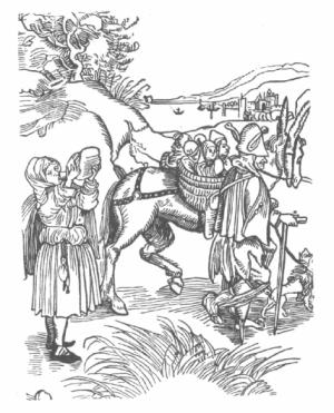 woodcut of a family going to market in Tudor England